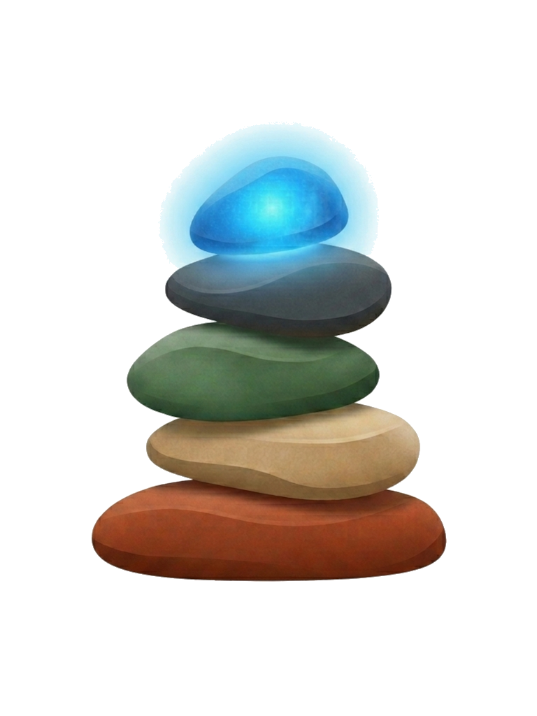 A cairn of five balanced, painted stones — the Routine Habit mark