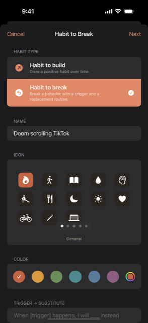 Creating a habit to break in Routine Habit, named 'Doom scrolling TikTok'.