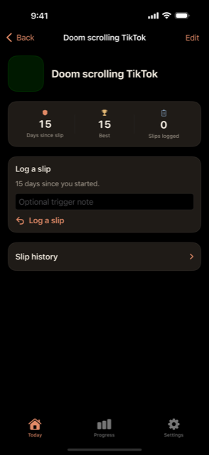 Status view for a habit being broken: 15 days since slip, 15 days best, 0 slips logged.