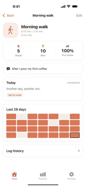 A habit detail view, showing streak, best streak, and a 28-day history grid