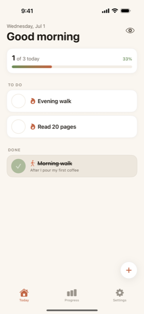 Routine Habit's home screen, showing today's habits